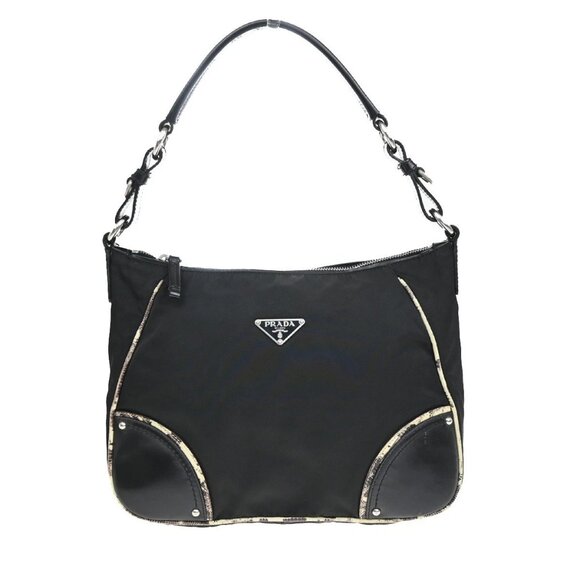 PRADA MILANO Logo Tessuto Shoulder Bag Nylon Leather Black Silver Italy 34EF398 - Picture 1 of 16